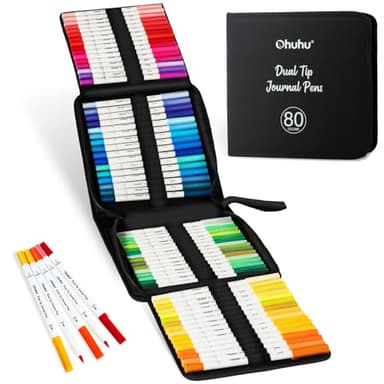 Ohuhu 80 Farben Dual Tip Brush & Fineliner Marker – wasserbasierte Stifte für Journaling, Kalligraphie & Lettering – Ideal für Bullet Journals, Ausmalbücher & Kunstprojekte