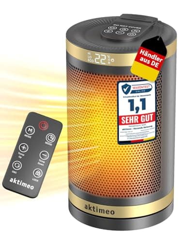 aktimeo NEU Heizlüfter energiesparend [TESTSIEGER], 1500W elektrischer Keramik Heizlüfter mit Thermostat, Überhitzungs-, Kipp- und Kinderschutz, 12 Std. Timer, Heater, inkl. Fernbedienung, gold