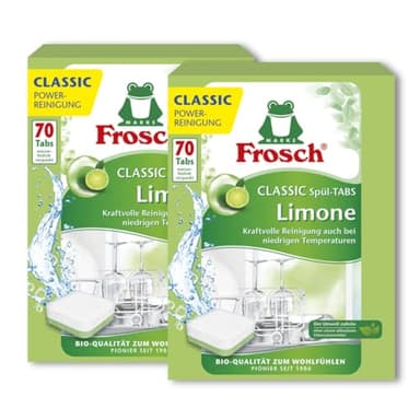 Frosch Spül-Tabs Classic Limone Doppelpack reinigen Geschirr, Töpfe und Pfannen strahlend sauber. Vorteilspack mit 140 Waschladungen Tabs mit wasserlöslicher Folie