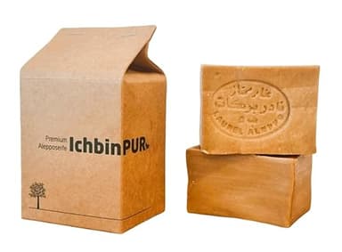 IchbinPUR – Premium Aleppo Seife Doppelpack (2x180g), 95% Olivenöl 5% Lorbeeröl, traditionelles Rezept, Haarseife, Duschseife, Handseife, Naturseife, Savon d‘Alep, Plastikfrei