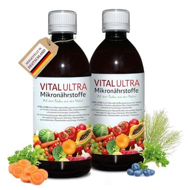 Vital Ultra – 2x480 ml – Mikronährstoffkonzentrat mit Vitaminen, Mineralien, Spurenelementen, Pflanzenstoffen und Omega-3-Fettsäuren - flüssiges Lebensmittel aus über 70 Zutaten - bis zu 120 Portionen