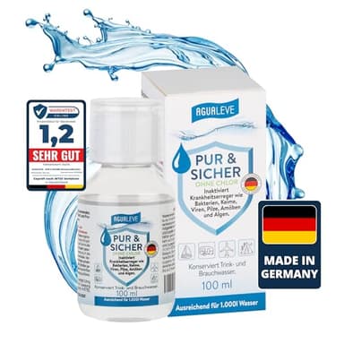 100ml PUR & SICHER *ohne* Chlor Wasseraufbereiter Trinkwasser – Inaktiviert Keime, Viren, Bakterien – Wohnmobil, Wohnwagen, Camping, Outdoor, Notvorrat, Notfall, Survival, Reisen – für 1000l Wasser