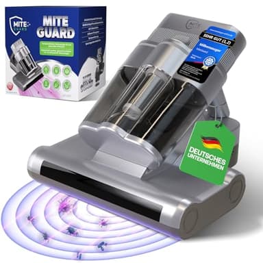 Miteguard® Milbensauger für Matratzen & Polster mit 2 Spezialbürsten - UV-Licht, Ultraschall-Gerät & 60°C Heißluft - Matratzenreiniger, Sauger gegen Hausstaubmilben, Tierhaare & Allergene