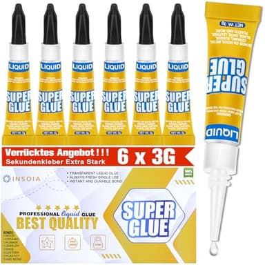 Sekundenkleber Flüssig (6er-Pack x 3g) – extra starker & wasserfest Superkleber für schnelle, flexible Sofortreparaturen, transparent kontakt Kleber für Kunststoff, Holz, Porzellan, Glas uvm.