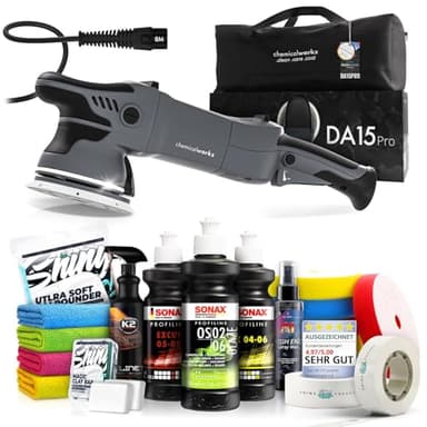 Poliermaschinen Set: chemicalworkz DA15 Pro Exzenter Poliermaschine + Sonax Politur Set + Royal Pads Premium Polierpads + Dr. Wack Versiegelung für Lack + Zubehör | 20-teilig