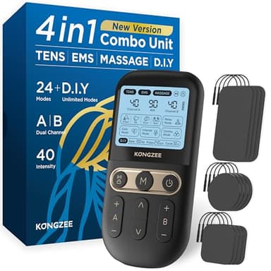 4 in 1 Heimwerken ens-Gerät EMS Massage Muskel & Nervenstimulationsgeräte, Zweikanal-TENS-Geräte-Therapiegerät zur Schmerzlinderung, von der FDA Impulsmassagegerät, mit 12 Elektrodenpads.