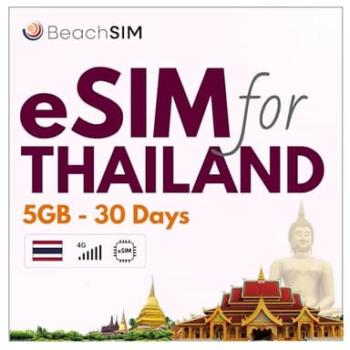 BeachSIM Thailand eSIM 30 Tage. 5 GB Datenvolumen mit 4G/5G-Netzen. Einfaches Aufladen. Funktioniert auf eSIM-kompatiblen iOS- und Android-Geräten. Schnelle Aktivierung. Nur Daten.