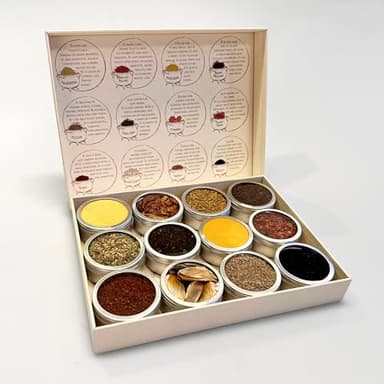 SpiceRoots Spice Kit. Geschenkbox mit 12 Gewürzen aus den Ottolenghi-Kochbüchern. Gewürztöpfchen. 4 Rezepten. PaperWise. Handgezeichneten Illustrationen.