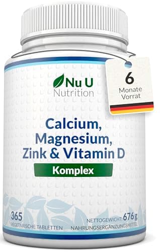 Calcium Magnesium Zink Hochdosiert - 365 Vegetarische Tabletten - 6 Monate - Kalzium Complex mit Vitamin D, Selen, Mangan, Bor & Kupfer - 800mg Calciumcarbonat pro Tagesdosis - Nu U Nutrition