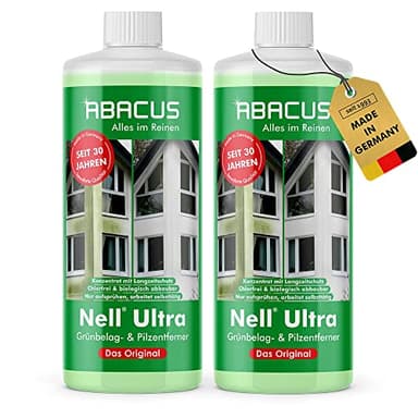 ABACUS® Nell Ultra Grünbelagentferner & Algenentferner Konzentrat, extrem stark! Entfernt Grünbelag & Algen selbsttätig ohne zu Schrubben – für Stein, Fassade, Terrasse, Dach – Nell Ultra 2x 1000 ml