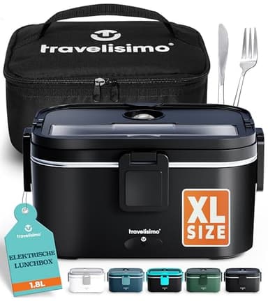 TRAVELISIMO XXL Elektrische Lunchbox Extra groß 1,8L Electric Lunch Box 80W, Warmhaltebox 3-in-1 Lunch Box Warmer 12V/24V/220V, für Arbeit Auto Lkw Lunchbox Elektrisch & Aufwärmbehälter Für Essen