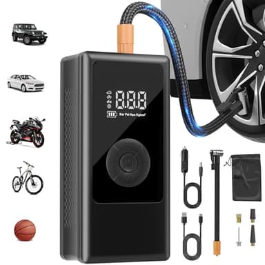 Elektrische Luftpumpe 150PSI, Tragbare 6000mAh Akku Mini Kompressor mit Digitale Anzeige, LED-Licht, USB-Ladeanschluss, Fahrradpumpe Elektrisch für Fahrrad, Auto, Motorrad, Bälle