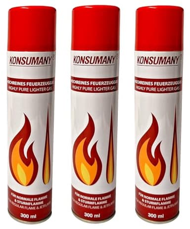 KONSUMANY 3 x 300 ml Feuerzeuggas Butangas für Feuerzeuge, Sturmfeuerzeuge, Stabfeuerzeuge und Flambierbrenner