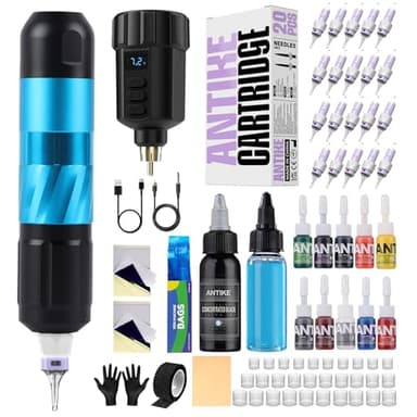 Tattoo Maschine Set Kabellos,Tattoo Kit mit 1500mAh LED-Digitalanzeige Tattoo Akku 20stk Tattoo Nadeln 11 Tattoo Farbe,Tattoo Starter Set Komplett für Anfänger und Tattoo Künstler