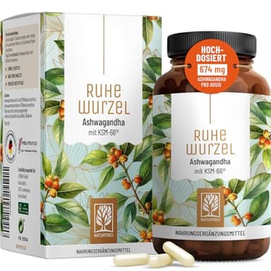 NATURTREU Ruhewurzel - Ashwagandha KSM-66® hochdosiert 120x Kapseln - 600 mg Ashwagandha pro Tag - Komplex aus Ashwagandha-Wurzelextrakt & Ashwagandhawurzelpulver - Vegan