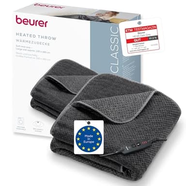 Beurer HD 65 Heizdecke, leichte Wärmedecke aus weichem Material mit 3 Temperaturstufen, Heizdecke mit Abschaltautomatik und Sicherheitssystem, maschinenwaschbar bei 30 °C, Made in Europe, grau