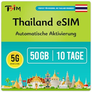 TSIM Thailand eSIM-Karte 10 Tage 50GB | Lokale Nummer + CallHome | Auto-Aktivierung | 5G AIS-Netzwerk mit Tethering/Hotspot/Internet-Sharing