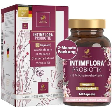 Vitactiv INTIMFLORA PROBIOTIK Milchsäurebakterien - 60 Probiotika Kapseln für Frauen - 6 Stämme, 130 Mrd. KbE/g, Akazienfasern Präbiotika - D-Mannose, Cranberry, Vitamin B3