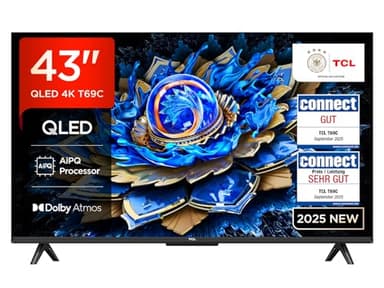 TCL 43T69C 43 Zoll QLED, Direct LED TV, 4K HDR TV, Smart Google TV (Dolby Vision & Atmos, Motion Clarity, Kompatibel mit Google Assistant & Alexa)