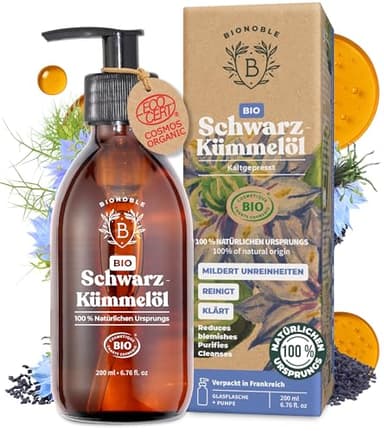 BIONOBLE Schwarzkümmelöl Bio Kaltgepresst - 100% Natürlich, Ohne Hexan - Mildert Unreinheiten - Schwarzkümmelöl Gesicht, Haare, Haut - Vegan Black Seed Oil - Glasflasche, Pumpe - 200ml