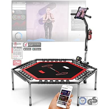 Sportstech HTX100 Trampolin, klappbar | Deutsche Qualitätsmarke | Fitness Trampolin mit Haltegriff | Indoor Jumping für Kinder und Erwachsene | TÜV/GS, Sprungzähler, APP (HTX100)