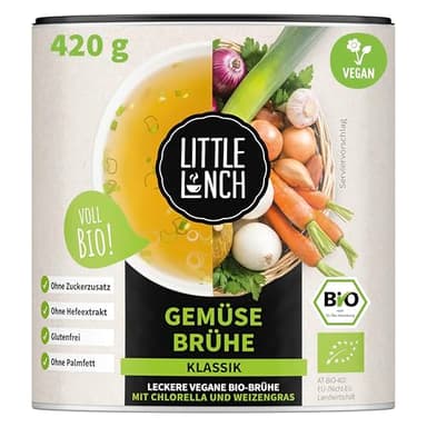 Little Lunch Gemüsebrühe Bio | Gemüsebrühe Klassik | 100 Prozent Bio-Qualität | Veggie | Ohne zugesetzten Zucker | Ohne Geschmacksverstärker | Ohne Hefe | Ohne Palmfett | Ohne künstliche Zusätze|420g