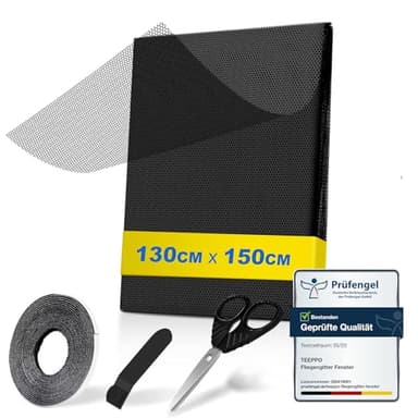teeppo Fliegengitter Fenster 130 x 150 cm - Schwarz, Insektenschutz Fenster Zuschneidbar mit Klettband Selbstklebend, Fliegennetz ohne Bohren, Moskitonetz Fenster aus Polyester, Kinderleichte Montage