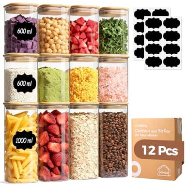 ComSaf Vorratsgläser mit Deckel Luftdicht 12 Stück Set 600ml/1L, Glasbehälter mit Deckel, Vorratsdosen Glas Vorratsglas,Aufbewahrungsgläser Aufbewahrung Küche für Müsli, Cerealien, Cornflakes