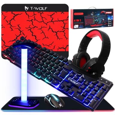 Vinsot 6-in-1-Gaming-Zubehör-Set – inklusive Tastatur, Maus, Mauspad, Headset, LED-XL-Mauspad, leuchtender Kopfhörer-Ständer, Hintergrundbeleuchtung, PC-Gaming-Set für PC, Anfänger, Gamer
