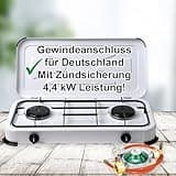Campingkocher Gaskocher 2 flammig mit Zündsicherung inkl. Gasschlauch und Gasregler mit 360°-Manometer Gas Füllstandsanzeige und Schlauchbruchsicherung 3 4