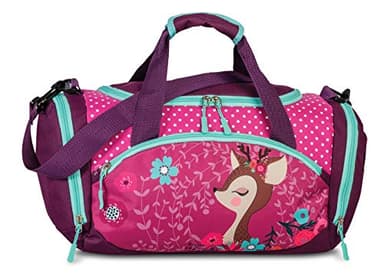 Umhängetasche Sporttasche Kinder Reisetasche mit süßem Reh Rehkitz Blumen für Mädchen & Jungen - 14,2 Liter - 35 x 22 x 18,5 cm, lila/pink/türkis