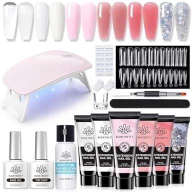 Born Pretty Polygel Starter Set mit UV Lampe, Nagelset Gelnägel Starterset 6 Farben Transparent Weiß Nude Rose Glitzer Polygel Nägel und Slip Solution Base Top Coat Acrylnägel Nagelverlängerung Kit