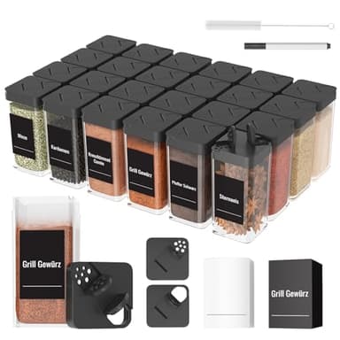 Homhut Gewürzgläser Eckig Set Mit Deckel [24x 120ml], Stabiler Plastik Gewürzstreuer Luftdichte, Gewürzdosen Mit Streueinsatz, Spice Jars Mit 120 Etiketten, Gewürz Organizer Schwarz