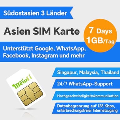 Mewfi Asien SIM-Karte für Singapur, Malaysia und Thailand – 7 Tage 1GB/Tag, 4G Hochgeschwindigkeitskommunikationsnetzwerk, Google Twitter Ins etc., Einfache Aktivierung, 24/7 Whatsapp-Support