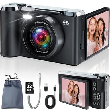 Digitalkamera, JDZ 4K Kamera Fotokamera 16X, Digitalkameras 1080P, Kompaktkamera mit 32 GB TF-Karte, Camera Digital, Foto Kamera für Kinder Teenager-Geburtstag, Weihnachten (Tiefes Schwarz)