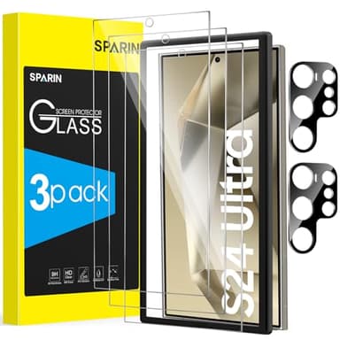 SPARIN für Samsung Galaxy S24 Ultra Panzer Schutz Glas, 3+2 Stück Schutzfolie und Kameraschutz mit Montage Rahmen, Fingerabdruck-ID Kompatibel, 9H Härte