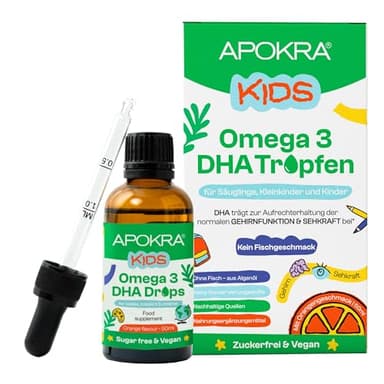 Omega 3 Vegan – Ohne Fischgeschmack – Veganes Omega 3 Öl für Säuglinge, Kleinkinder und Kinder – Nachhaltiges Algenöl, Alternative zu Fischöl – 50 ml | APOKRA Kids Vegan Algenöl