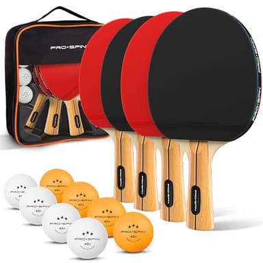PRO-SPIN Tischtennisschläger – Hochleistungs-Tischtennis Set | Premium Tischtennisschlaeger, 3-Sterne-Tischtennisbälle, Kompakte Aufbewahrungstasche | Für Drinnen & Draußen (Set für 4 Spieler, Rot)