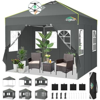 COBIZI Faltpavillon 3x3 Pop Up Pavillon Wasserdicht Stabil Winterfest Klappbar Partyzelt mit 4 Seitenwänden UV-Schutz Gartenpavillon mit Netzlüftungsöffnung & Reflexstreifen für Camping, Grau