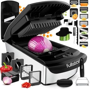 Fullstar Gemüseschneider und Mandoline Gemüsehobel - Julienne- und Würfelschneider für Gurken Zwiebeln Kartoffeln Früchte - Reibe für Gemüse Käse - Küchenzubehör Küchengeräte (14-in-1 PRO Edelstahl)