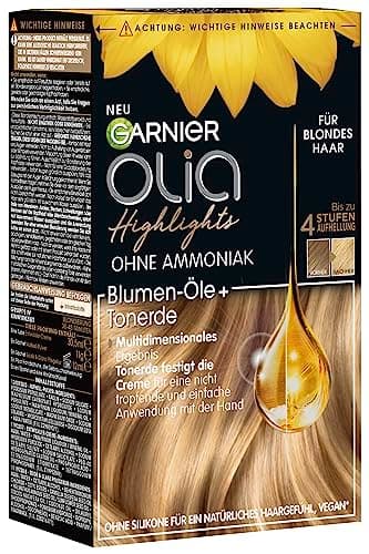 Garnier Haarfarbe Set für Strähnchen und Highlights in blondem Haar, Mit Blüten-Ölen und Tonerde, Ohne Ammoniak und Silikone, Bis zu 4 Stufen Aufhellung, Olia, Blond