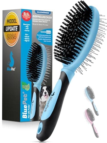 BluePet 2in1 Hundebürste für Langhaar & Kurzhaar Auch für Welpen & Katzen I Glätten, Entwirren, Ausbürsten I Das Allround-Talent Borstenbürste (Blau, M-L)