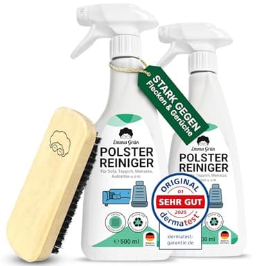 Emma Grün® Polsterreiniger für Sofa, Couch & Autositze 2x500ml [inkl. Polsterbürste] - Nachhaltig & Anti Geruch - Couch & Sofa Reiniger - Auto Innenraum Reiniger - Polsterreinigung Autositze, Sofa