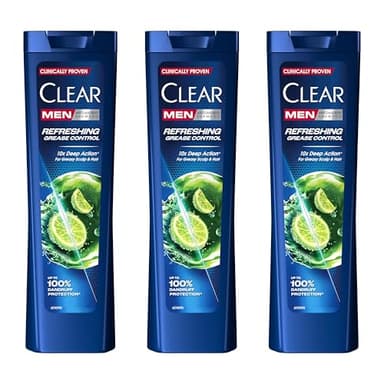 Clear Men Anti-Schuppen-Shampoo Refreshing Grease Control, für fettiges Männerhaar, reinigt gründlich, befreit von überschüssigem Fett und bietet bis zu 100 % Schutz vor Schuppen, 3 x 225 ml