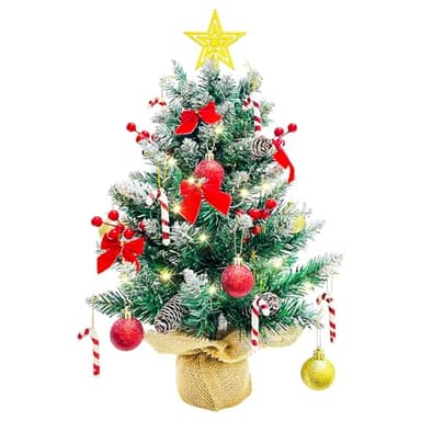 Weihnachtsbaum mit Beleuchtung und Schnee 60cm, Künstliche Weihnachtsbäume Geschmückt, Tannenbaum Lichterkette Deko mit Weihnachtskugel Tannenzapfen Christbaumspitze Stern Weihnachtsdeko DIY Tischdeko