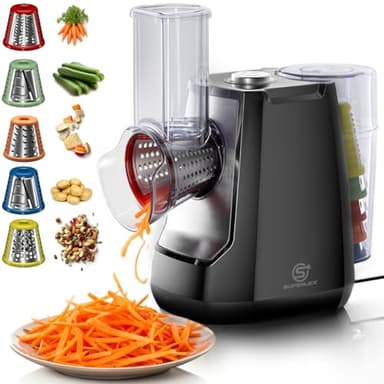 SUPERLEX Gemüseschneider Elektrisch 5-in-1 Gemüsehobel mit 5 Austauschbaren Trommelklingen Elektrische Reibe und Zerkleinerer für Obst Gemüse Käse Obst Nüsse Karotten Ein Klick Bedienung Reibe Küche