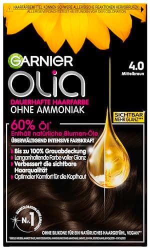 Garnier Olia Dauerhafte Haarfarbe ohne Ammoniak, Mit pflegenden und natürlichen Ölen, intensive Farbkraft, Vollständige Grauhaarabdeckung, Permanente Coloration, Nr. 4.0 Mittelbraun,1 Stück