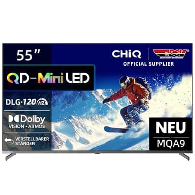 CHIQ M55QA9 55 Zoll 4K UHD QD-Mini LED Smart TV, DLG 120HZ, MEMC, HDR10, Dolby Vision & Atmos, 4X HDMI2.1, Wide Color Gamut, rahmenloses Metallgehäuse, Chromecast, Prime Video