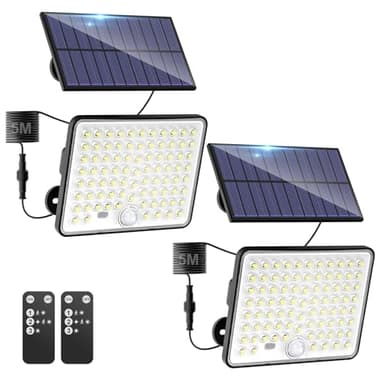 kolpop 2 Stück Solarlampen für Außen mit Bewegungsmelder, 3 Modi, Fernbedienung, 82 LED-Linse Solar Strahler, IP65 Wasserdichte Außenleuchte Wandleuchte für Garten Hof Stufen, 5m Kabel, Kaltweiß
