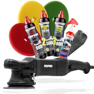 detailmate Polier Set: RUPES Exzenter Poliermaschine LHR15II Bigfoot + Menzerna Polituren + Garage Freaks Polierpads + SONAX Ceramic Quick Detailer + Poliertuch 550GSM - Für eine Profi Autopolitur